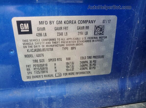 KL4CJASB0JB510704 2018 BUICK ENCORE Blue Вид наклейки з VIN-кодом