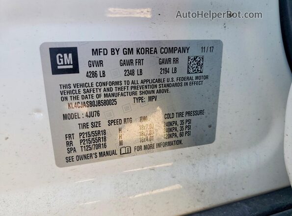 KL4CJASB0JB580025 2018 BUICK ENCORE White VIN կոդի պիտակի տեսք