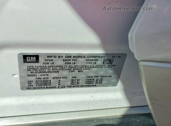 KL4CJASB0JB624508 2018 BUICK ENCORE White VIN sticker view