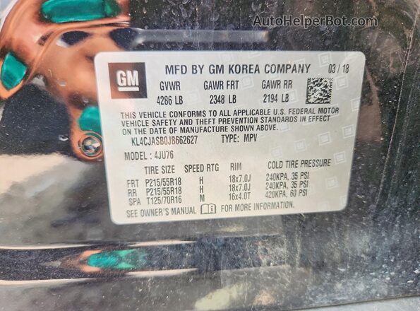 KL4CJASB0JB662627 2018 BUICK ENCORE Charcoal Vista de la etiqueta del VIN