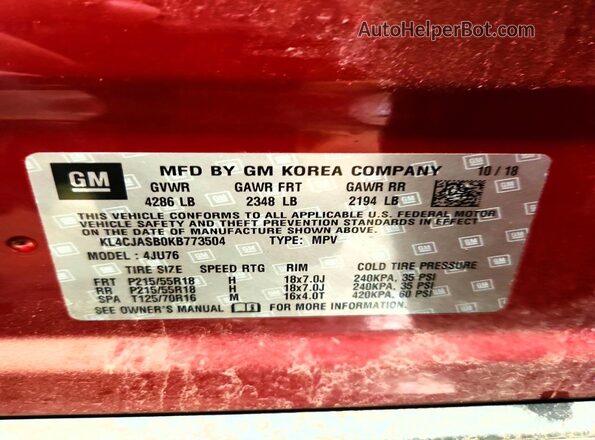 KL4CJASB0KB773504 2019 BUICK ENCORE Burgundy Вид наклейки з VIN-кодом