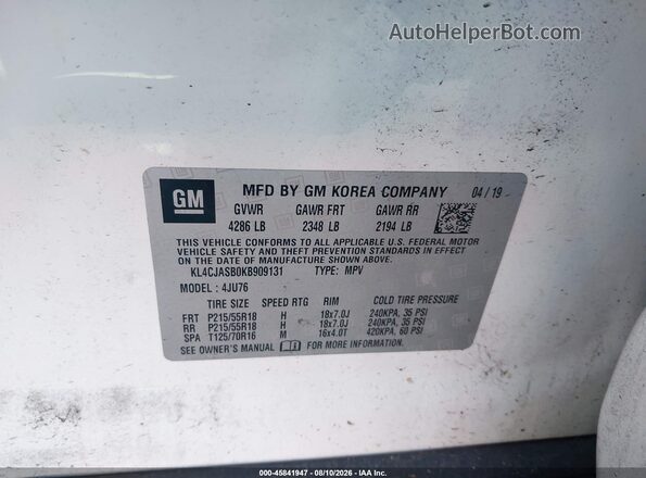 KL4CJASB0KB909131 2019 BUICK ENCORE Белый Вид подкапотного пространства