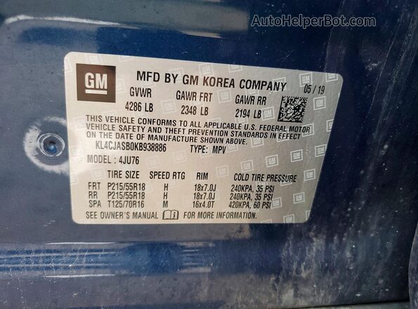 KL4CJASB0KB938886 2019 BUICK ENCORE Blue VIN sticker view