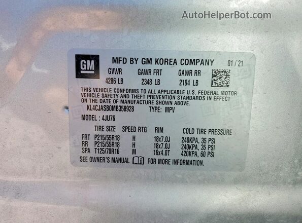KL4CJASB0MB358928 2021 BUICK ENCORE Silver ძრავის განყოფილების ხედი