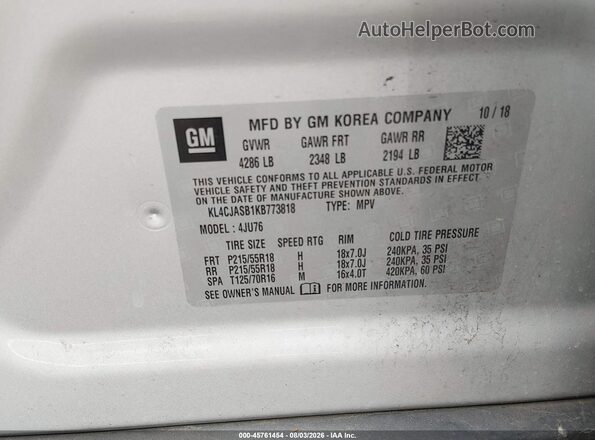 KL4CJASB1KB773818 2019 BUICK ENCORE Silver Շարժիչի բաժամունքի տեսք