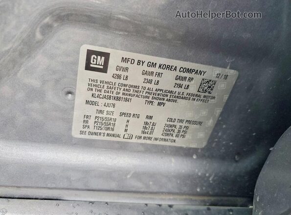 KL4CJASB1KB811841 2019 BUICK ENCORE Charcoal Vista de la etiqueta del VIN