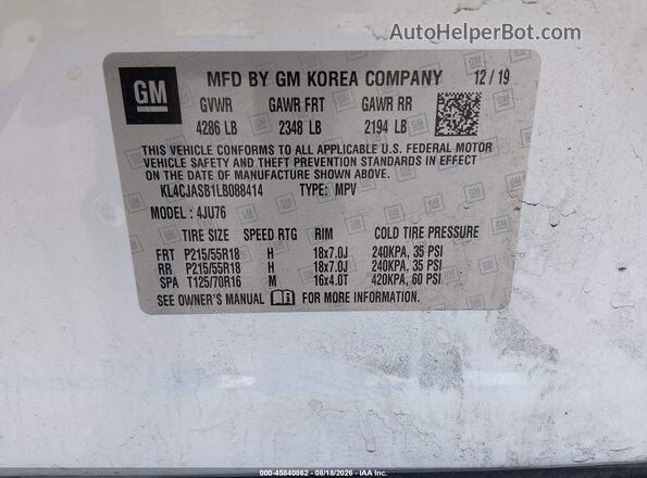 KL4CJASB1LB088414 2020 BUICK ENCORE White Շարժիչի բաժամունքի տեսք