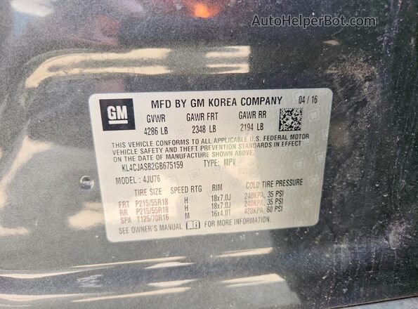 KL4CJASB2GB675159 2016 BUICK ENCORE Gray Вид наклейки з VIN-кодом