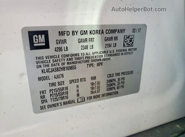 KL4CJASB2HB169655 2017 BUICK ENCORE Белый Вид наклейки с VIN-кодом