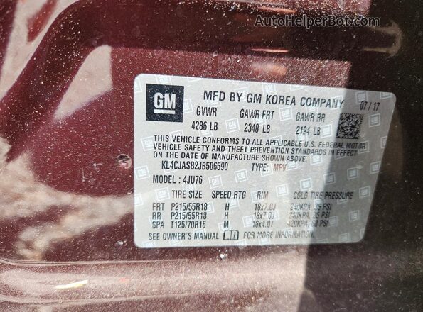 KL4CJASB2JB506590 2018 BUICK ENCORE Бордовый Вид наклейки с VIN-кодом