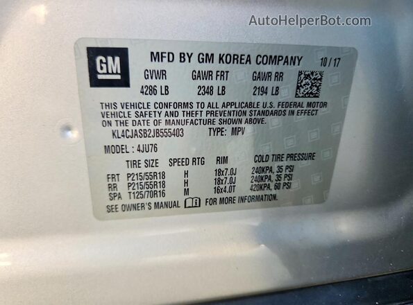 KL4CJASB2JB555403 2018 BUICK ENCORE Серебряный Вид наклейки с VIN-кодом
