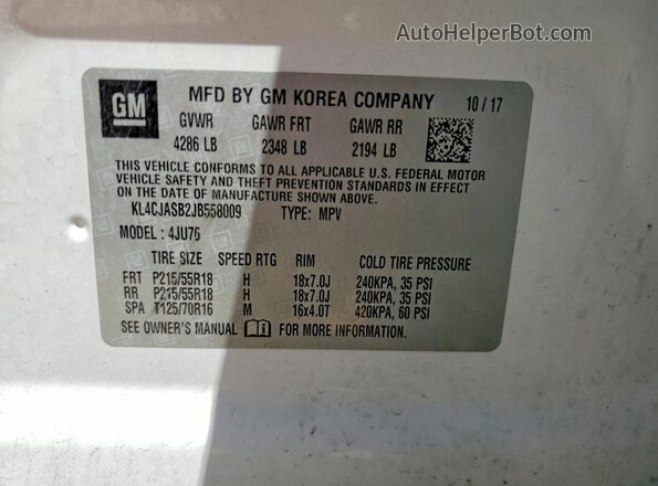 KL4CJASB2JB558009 2018 BUICK ENCORE White VIN კოდის სტიკერის ხედი