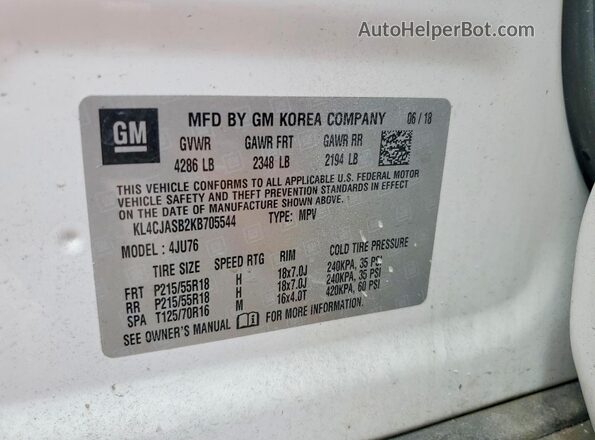 KL4CJASB2KB705544 2019 BUICK ENCORE Белый Вид наклейки с VIN-кодом