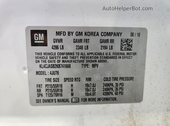 KL4CJASB2KB741668 2019 BUICK ENCORE White Widok naklejki z numerem VIN