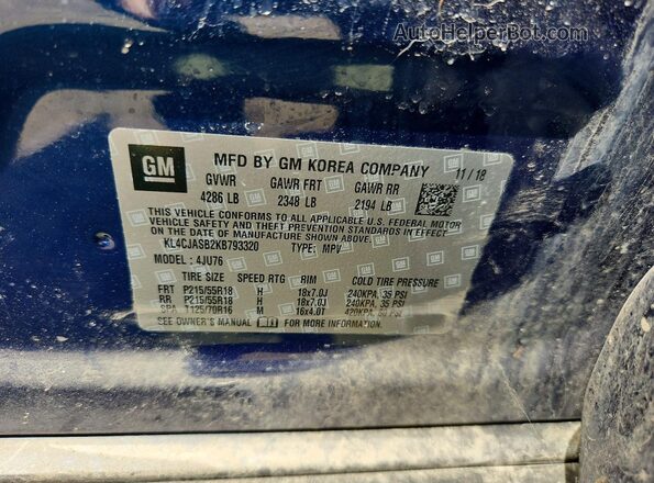 KL4CJASB2KB793320 2019 BUICK ENCORE Blue VIN კოდის სტიკერის ხედი
