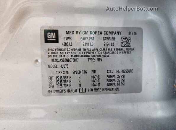 KL4CJASB3GB673047 2016 BUICK ENCORE Серебряный Вид подкапотного пространства