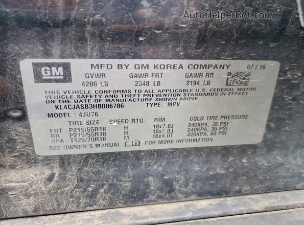 KL4CJASB3HB006786 2017 BUICK ENCORE Black Vista de la etiqueta del VIN