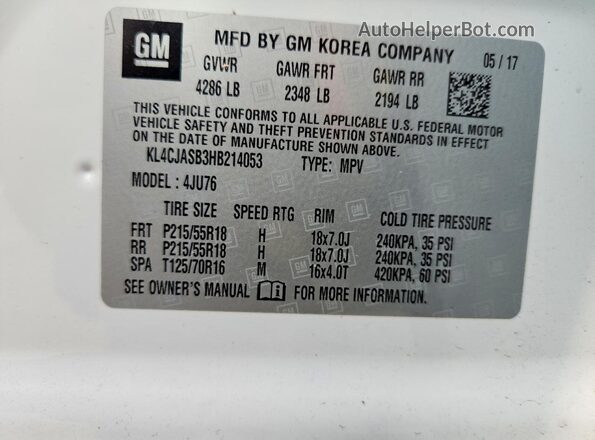 KL4CJASB3HB214053 2017 BUICK ENCORE White VIN sticker view
