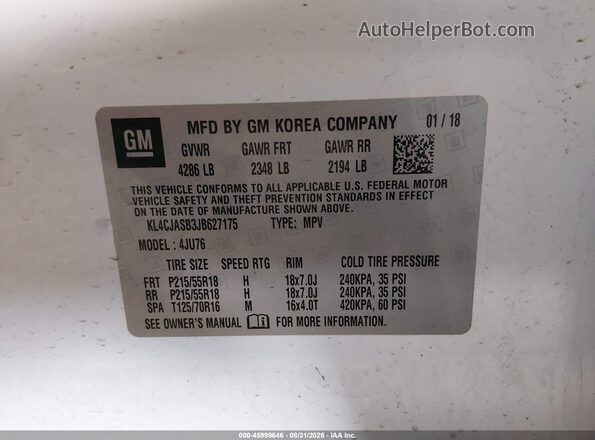 KL4CJASB3JB627175 2018 BUICK ENCORE White ძრავის განყოფილების ხედი