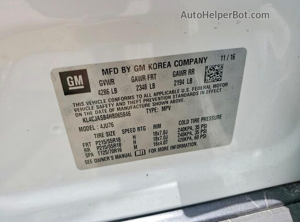 KL4CJASB4HB065846 2017 BUICK ENCORE White VIN კოდის სტიკერის ხედი