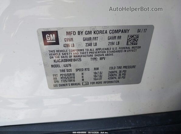 KL4CJASB4HB184125 2017 BUICK ENCORE White Շարժիչի բաժամունքի տեսք
