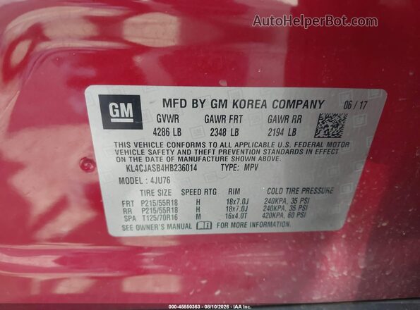 KL4CJASB4HB236014 2017 BUICK ENCORE Red ძრავის განყოფილების ხედი