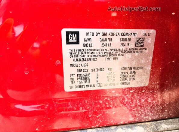 KL4CJASB4JB561722 2018 BUICK ENCORE Burgundy Engine compartment view