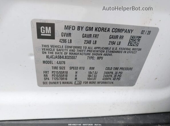 KL4CJASB4LB325557 2020 BUICK ENCORE White Engine compartment view