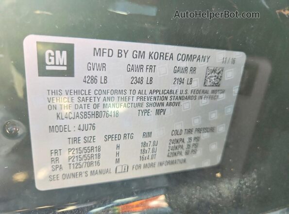 KL4CJASB5HB076418 2017 BUICK ENCORE Black Вид наклейки з VIN-кодом
