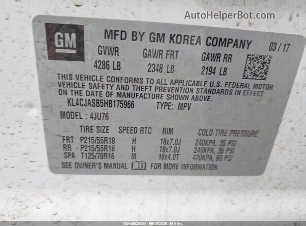 KL4CJASB5HB175966 2017 BUICK ENCORE White ძრავის განყოფილების ხედი