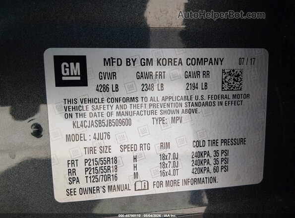 KL4CJASB5JB509600 2018 BUICK ENCORE Black Вид підкапотного простору