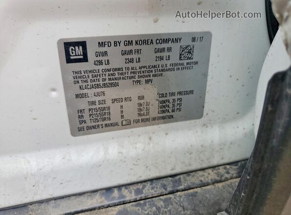 KL4CJASB5JB528504 2018 BUICK ENCORE White VIN კოდის სტიკერის ხედი