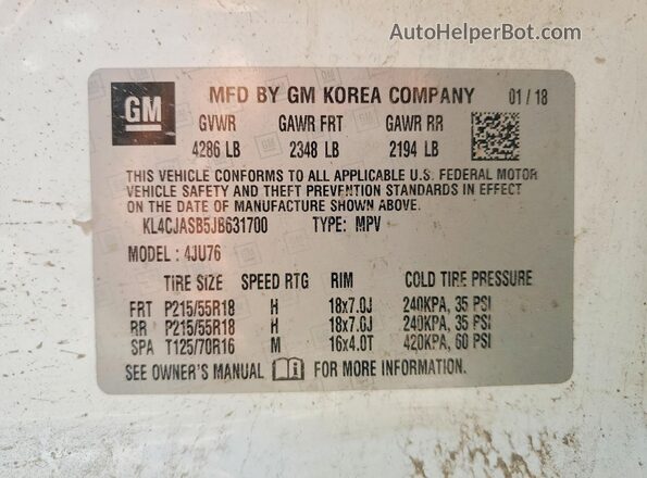 KL4CJASB5JB631700 2018 BUICK ENCORE White Вид наклейки з VIN-кодом