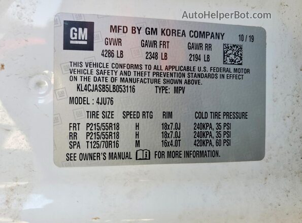 KL4CJASB5LB053116 2020 BUICK ENCORE White Vista de la etiqueta del VIN