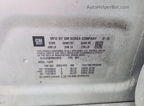 KL4CJASB5MB310518 2021 BUICK ENCORE Silver Вид наклейки з VIN-кодом