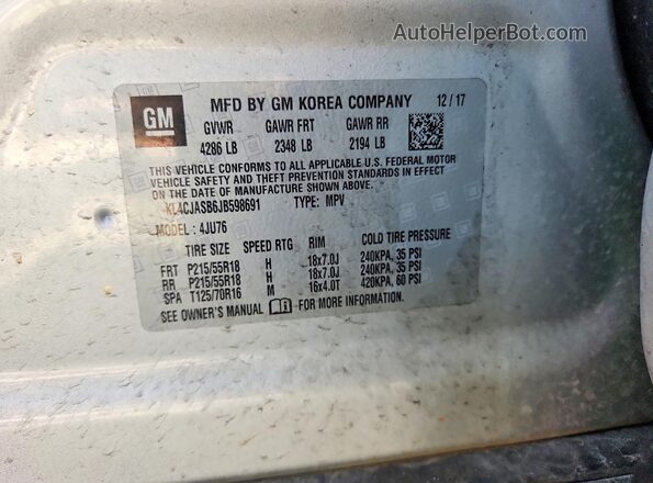 KL4CJASB6JB598691 2018 BUICK ENCORE Silver VIN კოდის სტიკერის ხედი