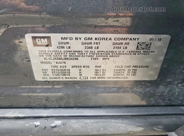 KL4CJASB6JB634296 2018 BUICK ENCORE Gray Вид наклейки з VIN-кодом
