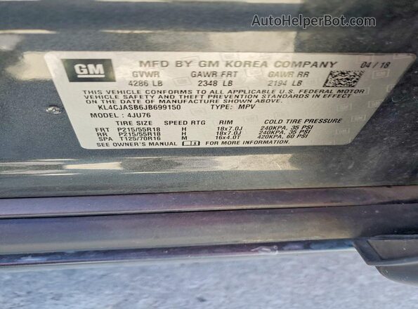KL4CJASB6JB699150 2018 BUICK ENCORE Gray Vista de la etiqueta del VIN