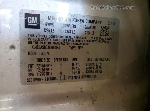 KL4CJASB6JB705884 2018 BUICK ENCORE Silver VIN sticker view