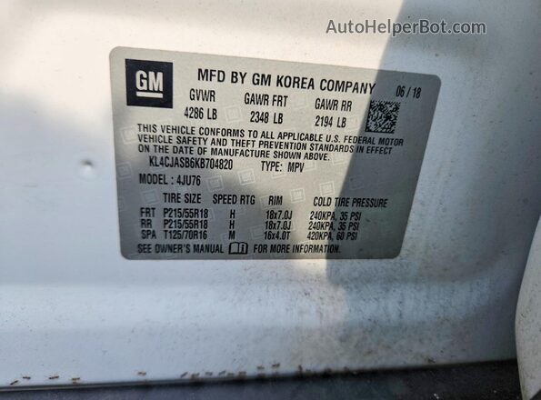 KL4CJASB6KB704820 2019 BUICK ENCORE White VIN კოდის სტიკერის ხედი