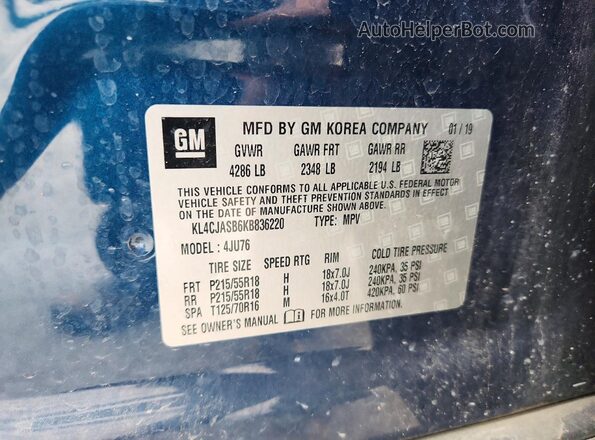KL4CJASB6KB836220 2019 BUICK ENCORE Синий Вид наклейки с VIN-кодом