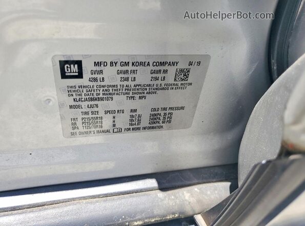 KL4CJASB6KB901079 2019 BUICK ENCORE Silver VIN sticker view