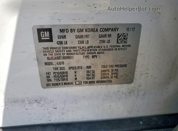 KL4CJASB7JB599011 2018 BUICK ENCORE White VIN კოდის სტიკერის ხედი