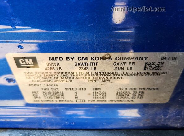 KL4CJASB7JB699478 2018 BUICK ENCORE Blue Շարժիչի բաժամունքի տեսք