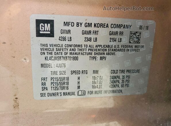 KL4CJASB7KB701800 2019 BUICK ENCORE Gold Вид підкапотного простору
