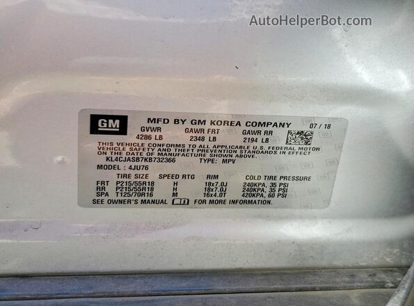 KL4CJASB7KB732366 2019 BUICK ENCORE Серебряный Вид наклейки с VIN-кодом