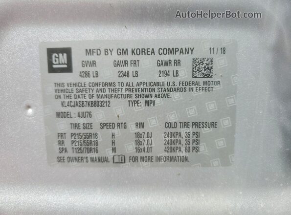 KL4CJASB7KB803212 2019 BUICK ENCORE Silver Widok naklejki z numerem VIN