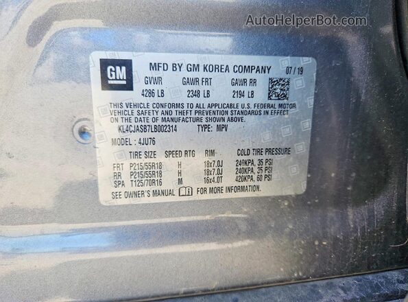 KL4CJASB7LB002314 2020 BUICK ENCORE Gray VIN կոդի պիտակի տեսք