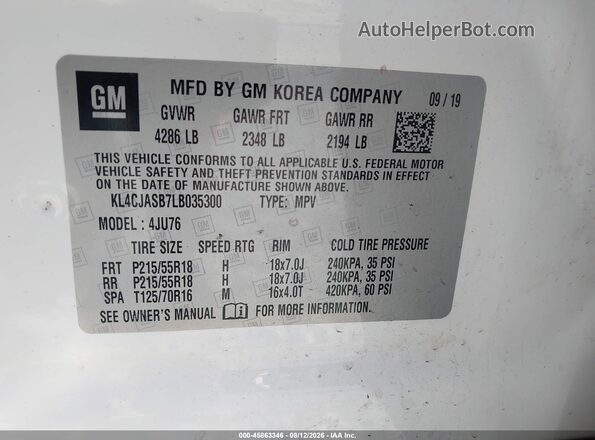 KL4CJASB7LB035300 2020 BUICK ENCORE Белый Вид подкапотного пространства