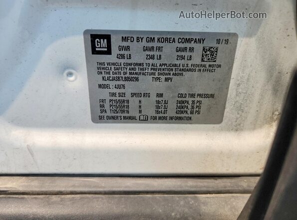 KL4CJASB7LB050296 2020 BUICK ENCORE White VIN sticker view